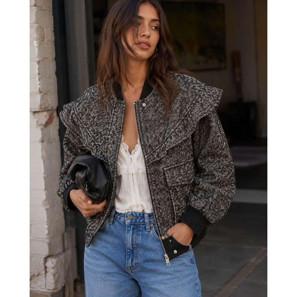 Driftwood Free People Frill Bomber Wool Tweed Ruffle Utility Jacket Small